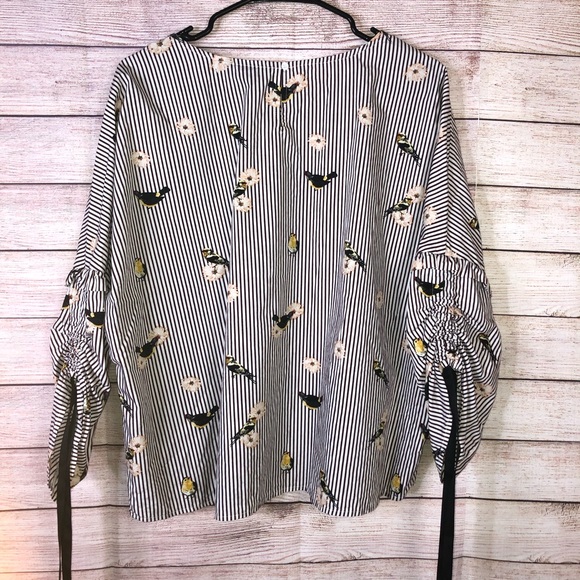 Nanette Lepore Striped Cotton Floral Birds Blouse - Picture 7 of 8